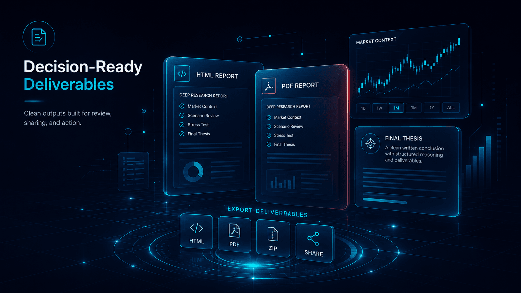 Deep Research deliverables visual showing HTML report, PDF report, market context, and final thesis panels