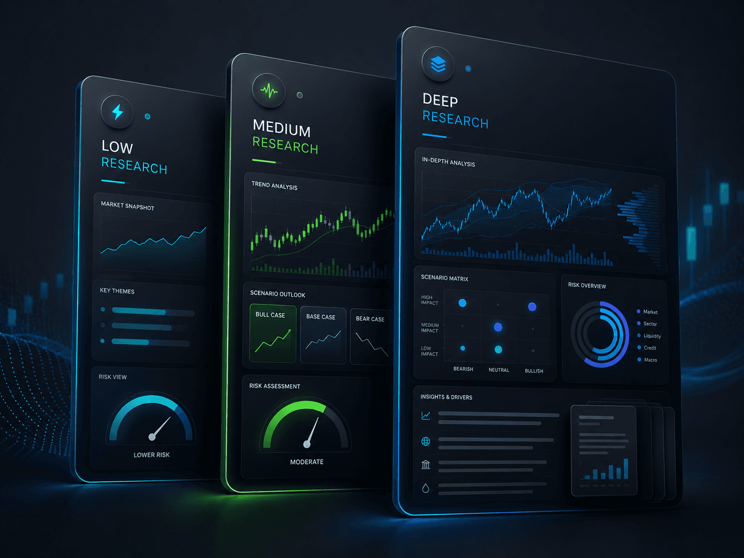 Three research depth levels visualized as premium interface panels